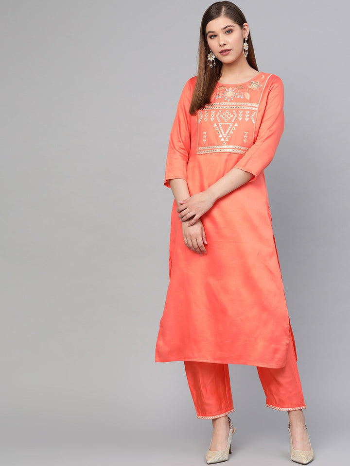 Peach Embroidered Kurta Set-Yufta Store-2611SETPCS