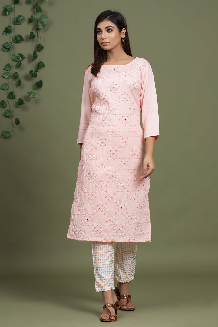 Peach Embroidered Kurta Set-Yufta Store-2729SETPCM