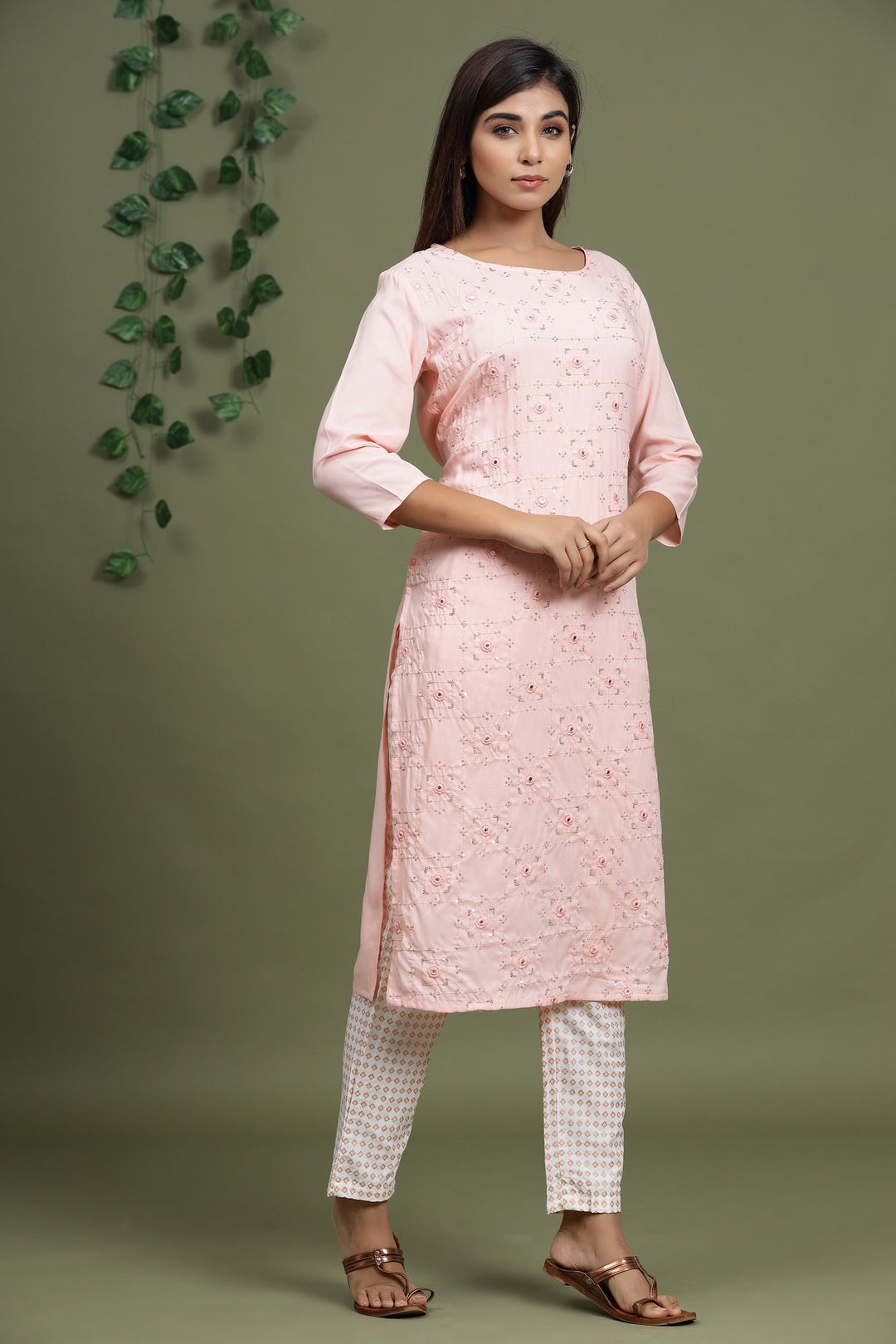 Peach Embroidered Kurta Set-Yufta Store-2729SETPCM