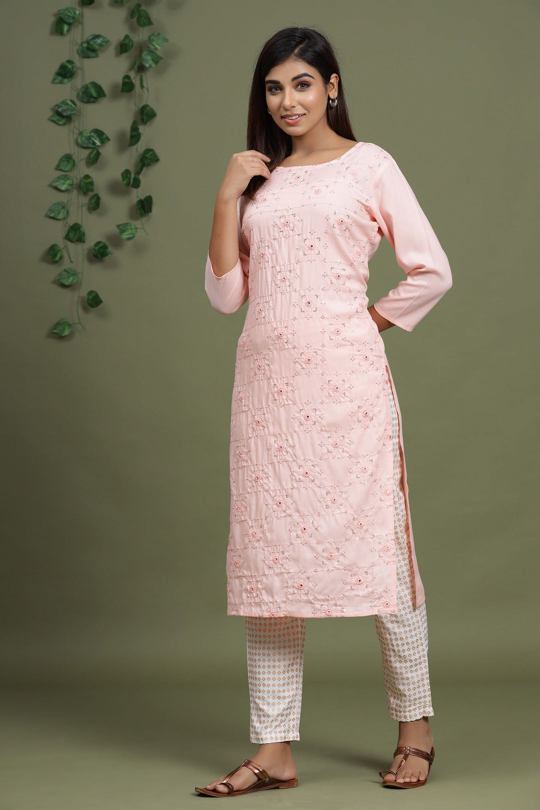 Peach Embroidered Kurta Set-Yufta Store-2729SETPCM