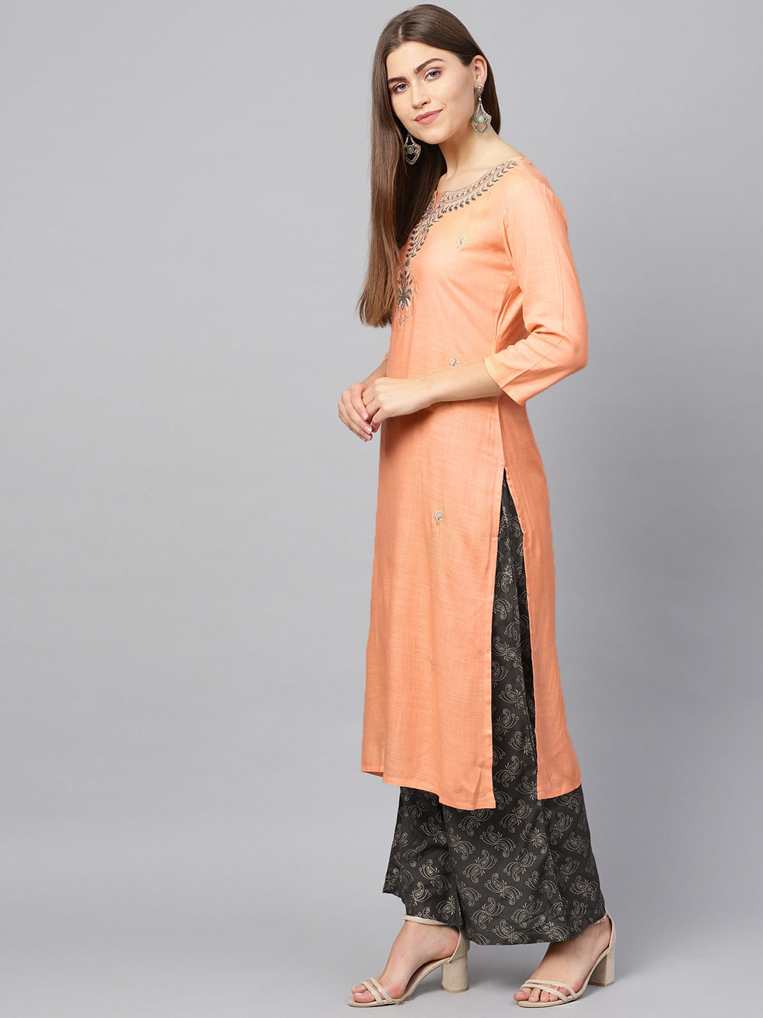 Peach Embroidered Kurta Set-Yufta Store-662SETORS