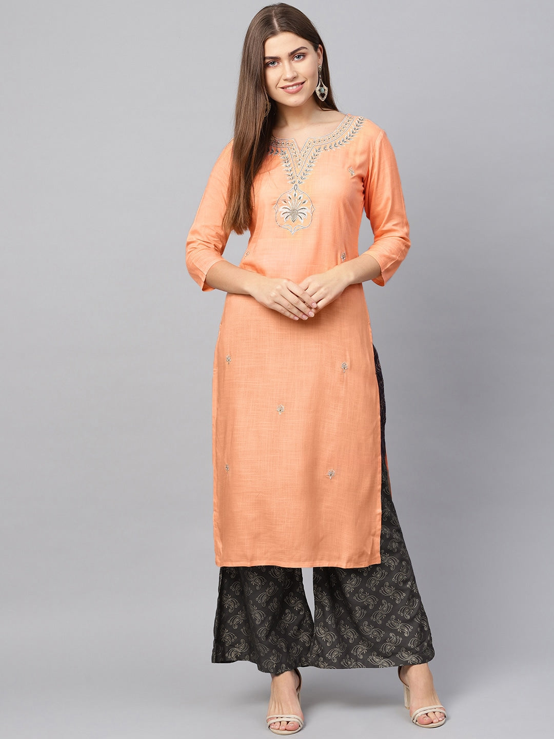 Peach Embroidered Kurta Set-Yufta Store-662SETORS