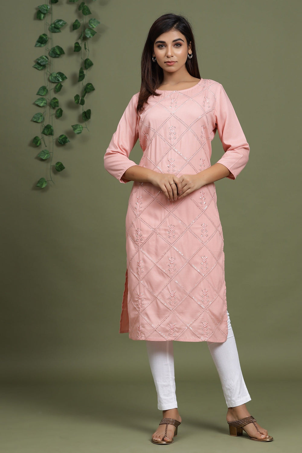 Peach Embroidered Kurta-Yufta Store-2730KURPCM