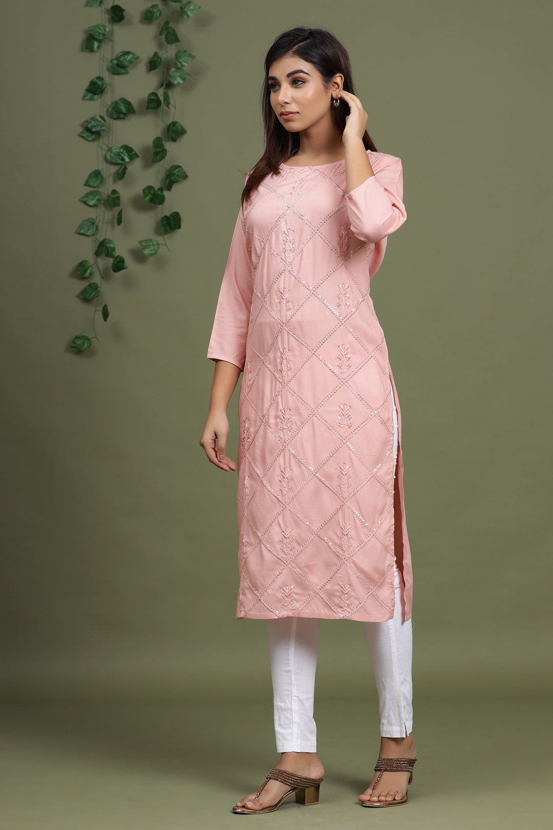 Peach Embroidered Kurta-Yufta Store-2730KURPCM