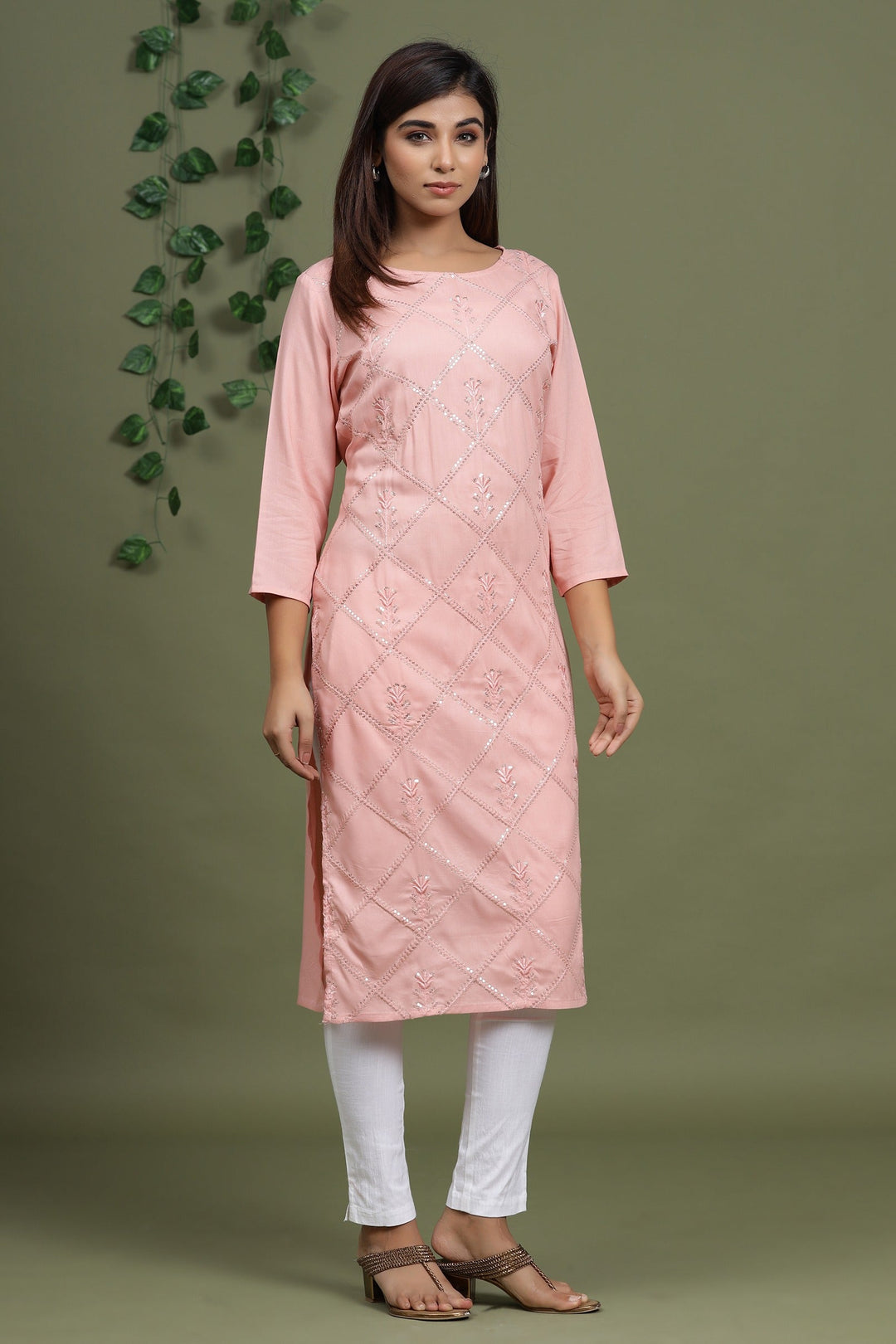 Peach Embroidered Kurta-Yufta Store-2730KURPCM