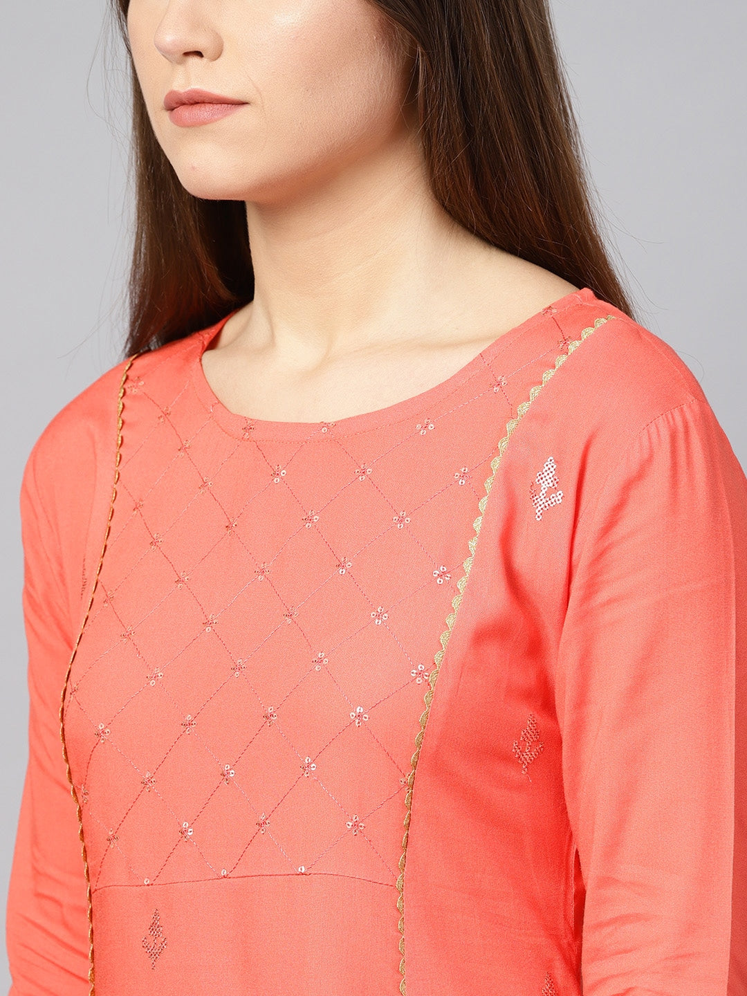 Peach Embroidered Kurta-Yufta Store-637KURPCS