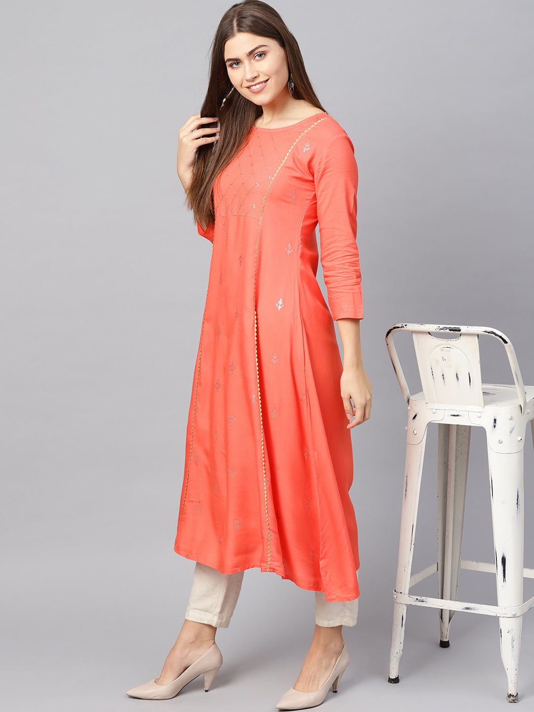 Peach Embroidered Kurta-Yufta Store-637KURPCS