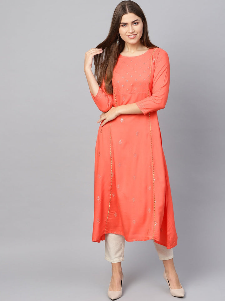 Peach Embroidered Kurta-Yufta Store-637KURPCS