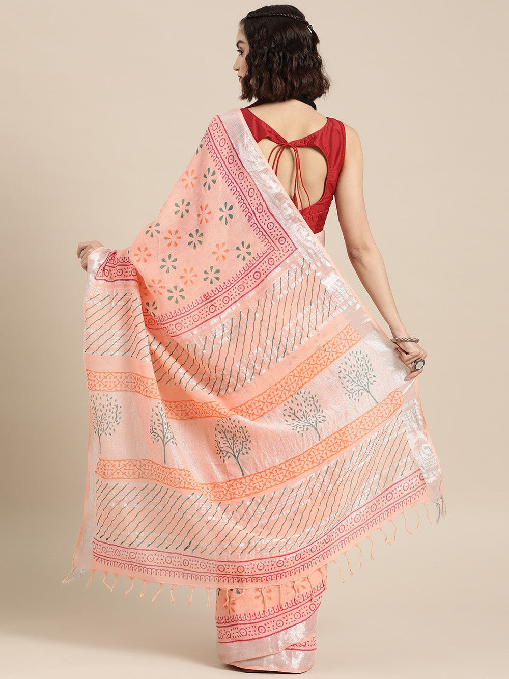 Peach Ethnic Motifs Zari Saree