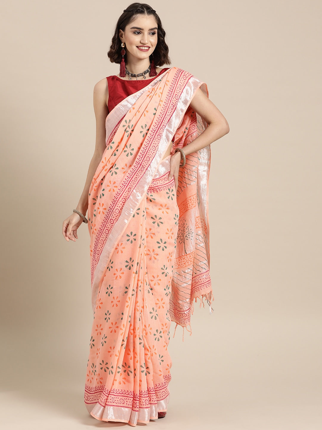 Peach Ethnic Motifs Zari Saree