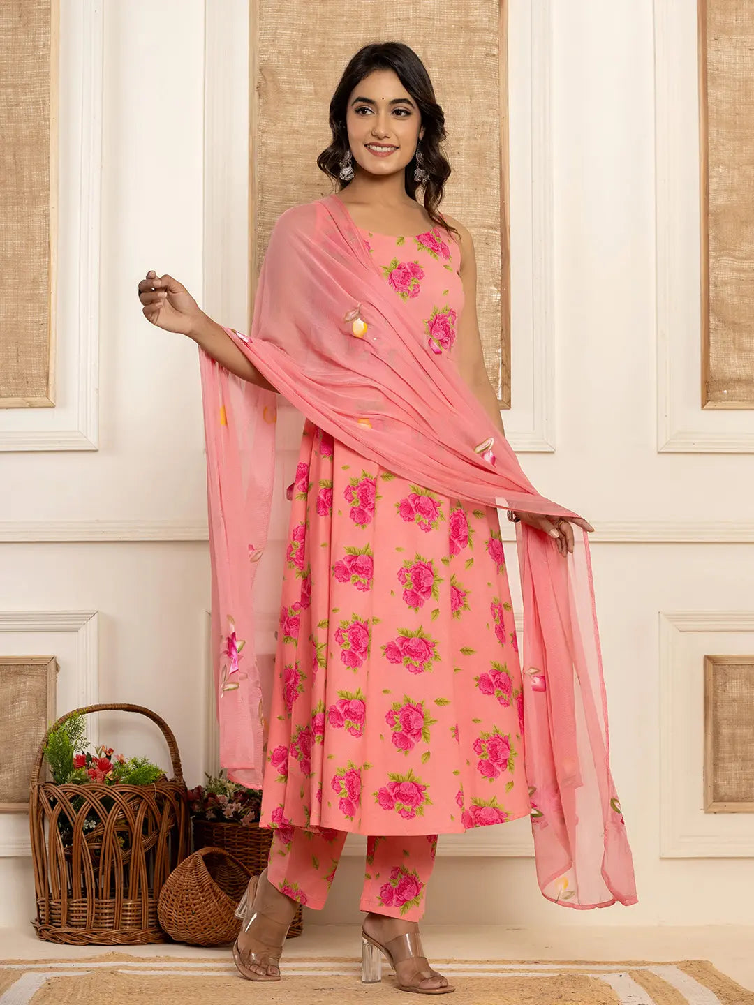 Peach Floral Print Cotton A-Line Style Kurta And Trousers With Dupatta Set-Yufta Store-7031SKDPCS