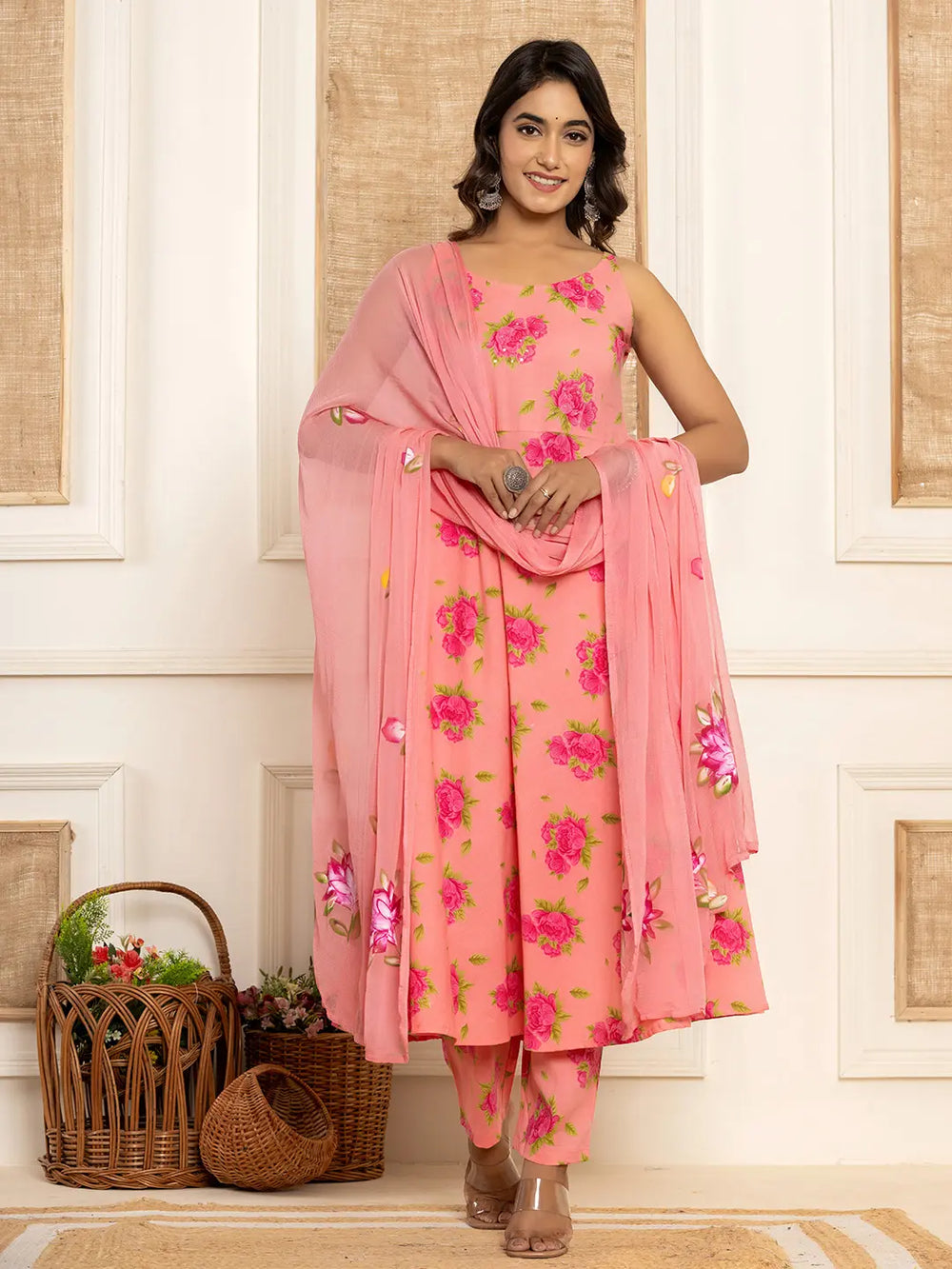 Peach Floral Print Cotton A-Line Style Kurta And Trousers With Dupatta Set-Yufta Store-7031SKDPCS