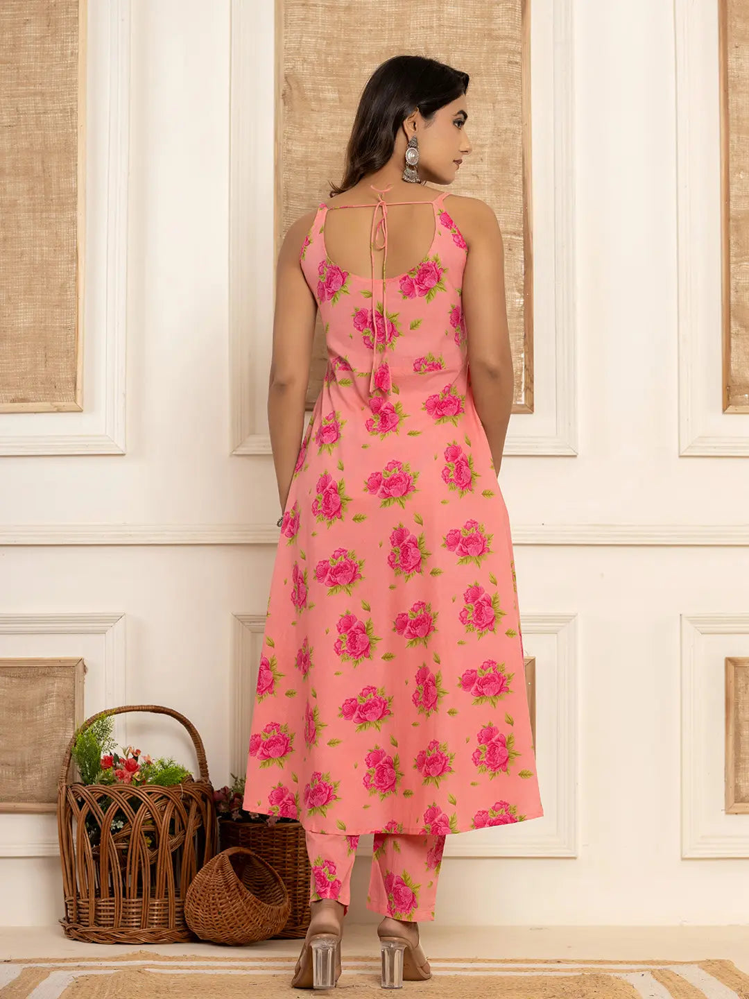 Peach Floral Print Cotton A-Line Style Kurta And Trousers With Dupatta Set-Yufta Store-7031SKDPCS