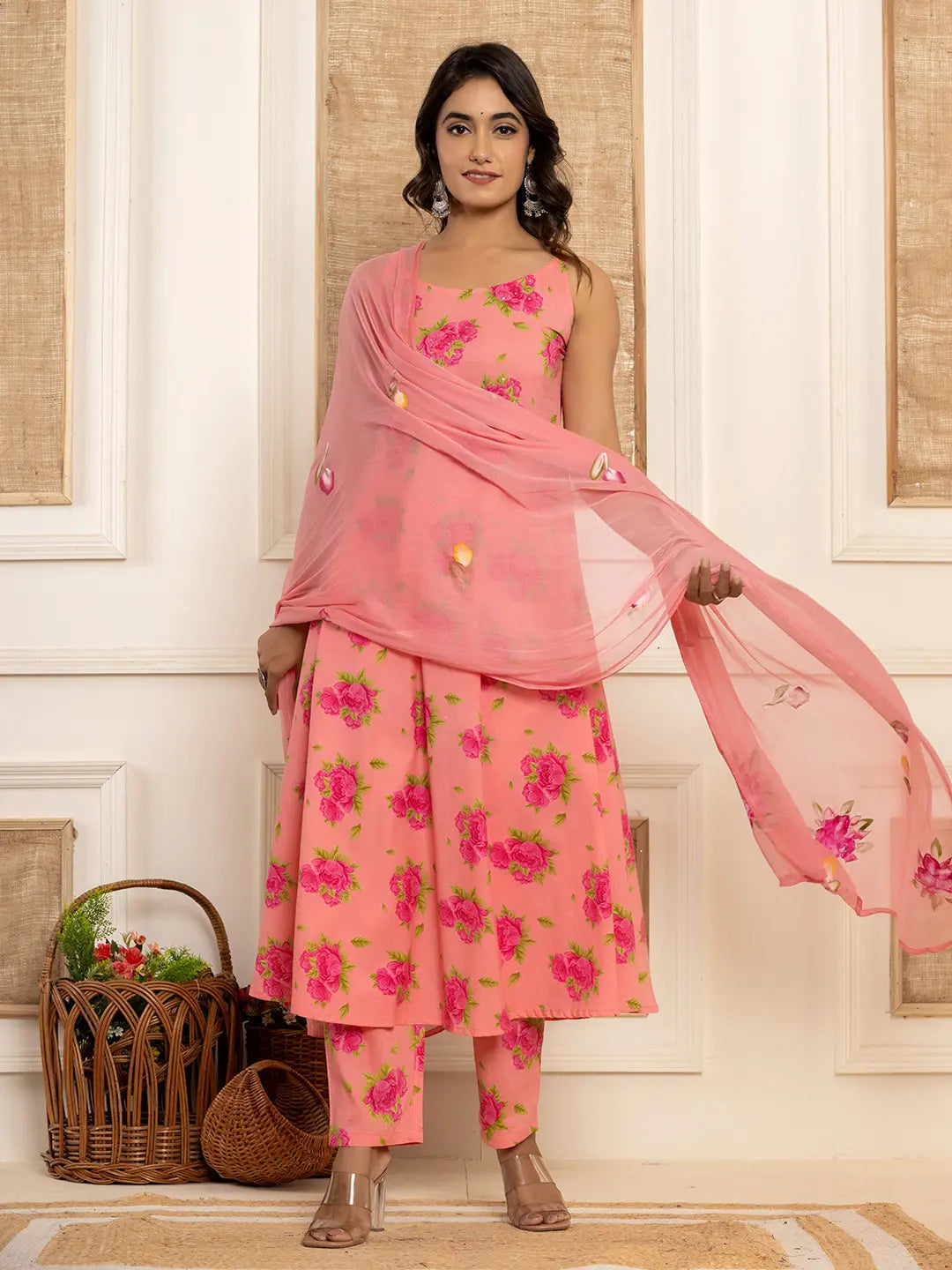 Peach Floral Print Cotton A-Line Style Kurta And Trousers With Dupatta Set-Yufta Store-7031SKDPCS