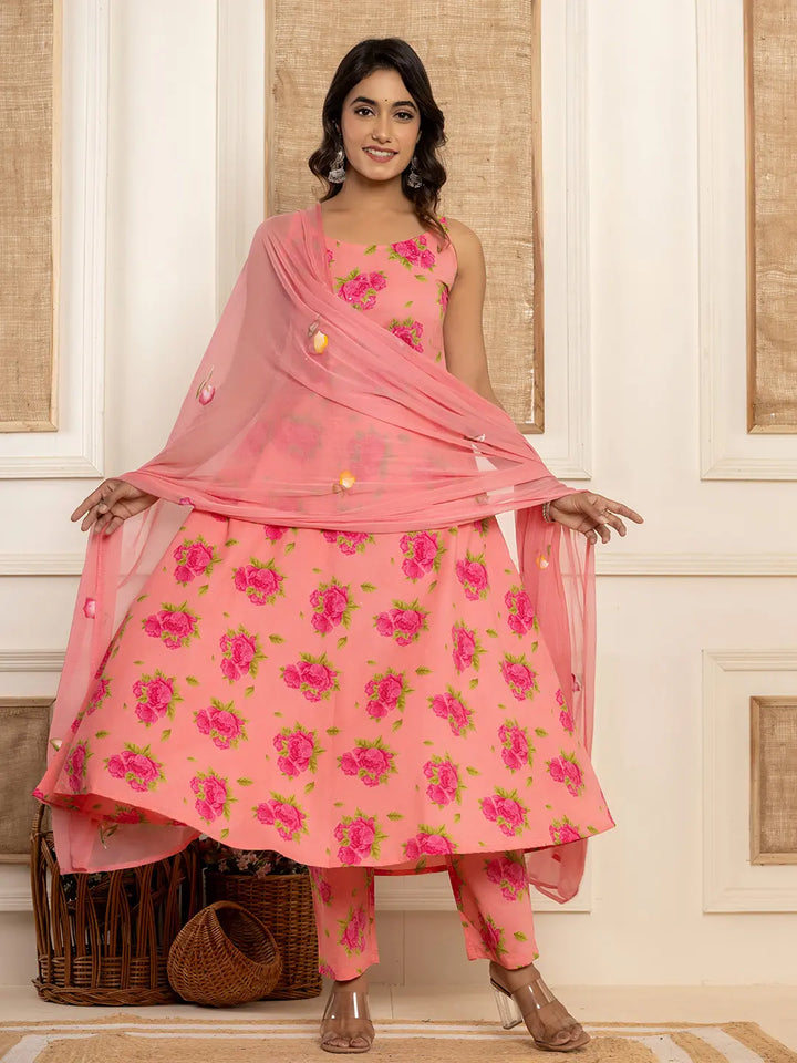 Peach Floral Print Cotton A-Line Style Kurta And Trousers With Dupatta Set-Yufta Store-7031SKDPCS