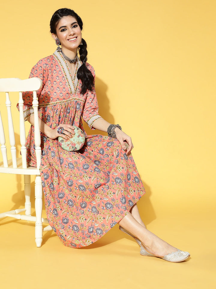 Peach Floral Print Dress-Yufta Store-9578DRSPCS