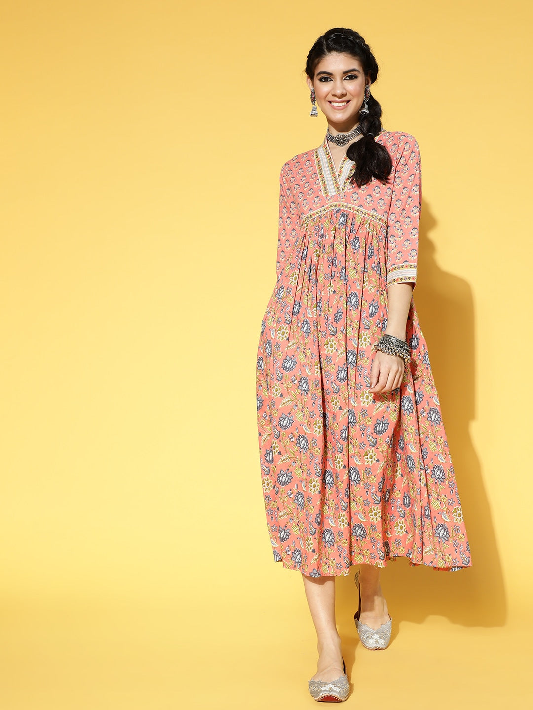 Peach Floral Print Dress-Yufta Store-9578DRSPCS