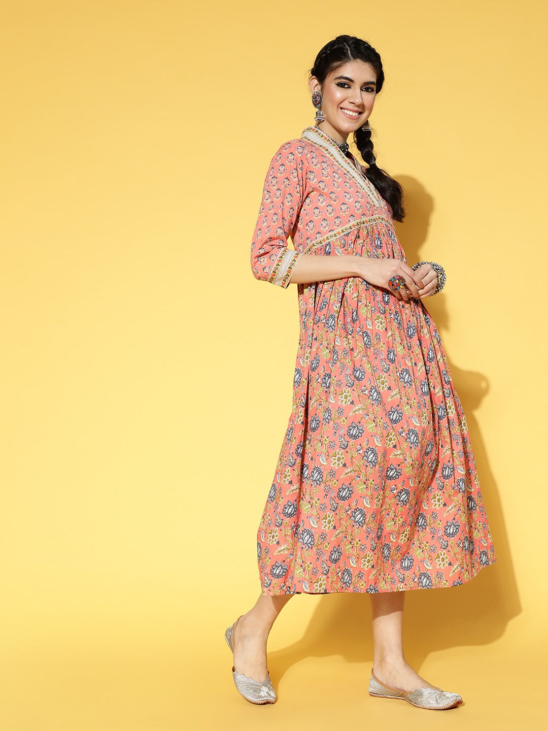 Peach Floral Print Dress-Yufta Store-9578DRSPCS