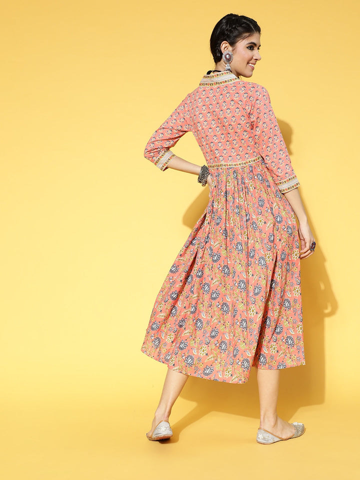 Peach Floral Print Dress-Yufta Store-9578DRSPCS