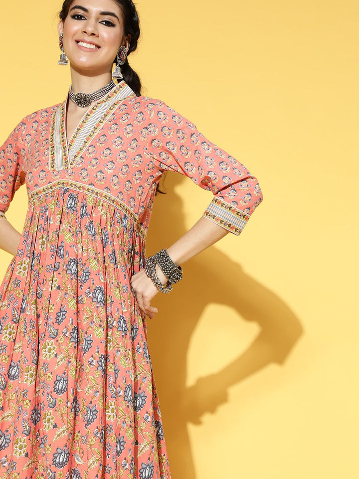 Peach Floral Print Dress-Yufta Store-9578DRSPCS