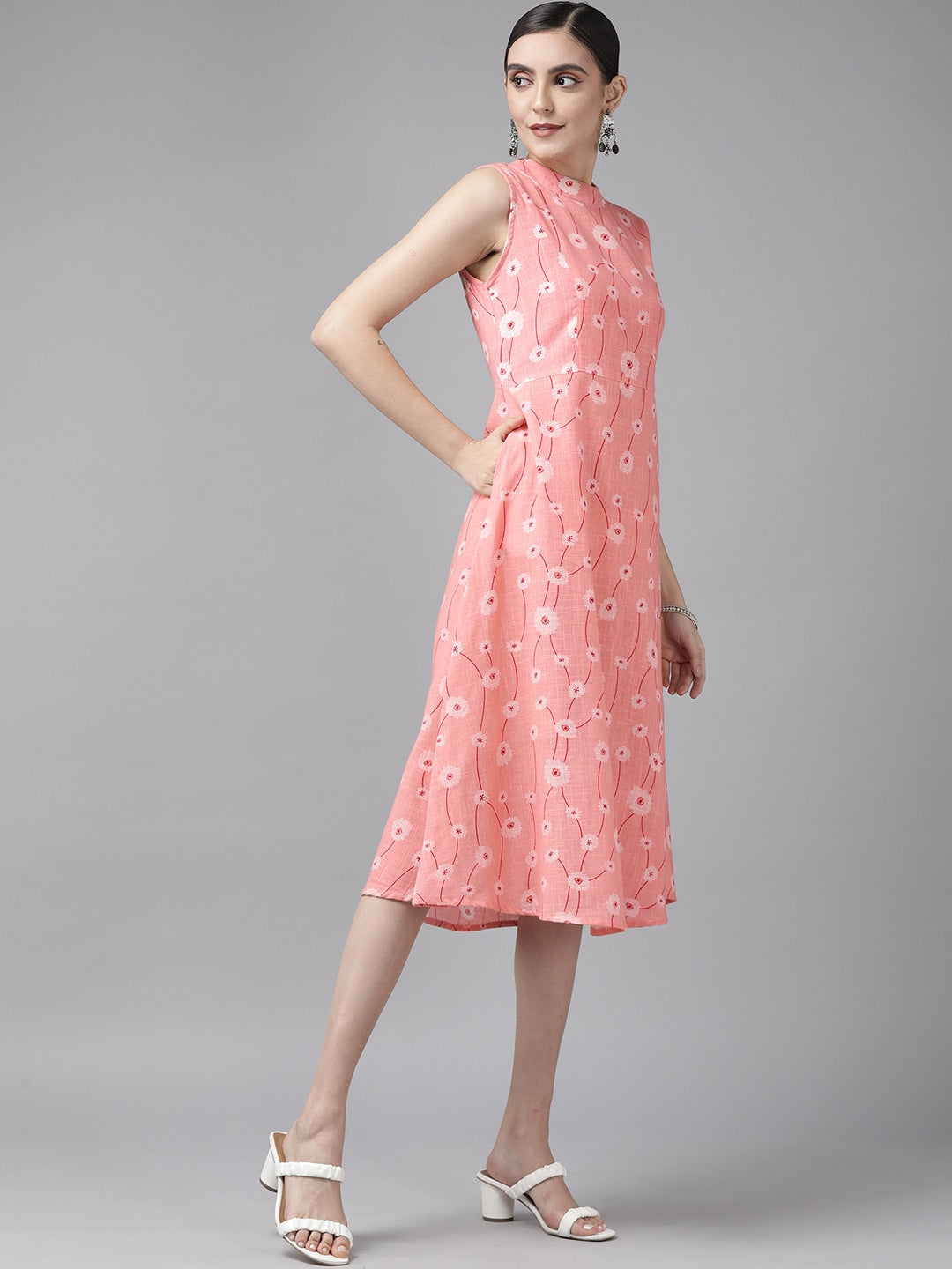 Peach Floral Print Midi Dress-Yufta Store-9711DRSPCXS
