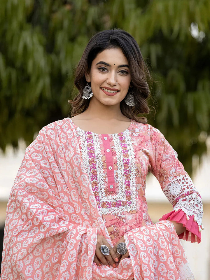 Peach Floral Print Straight Pakistani Style Kurta Trouser And Dupatta Set-Yufta Store-6889SKDPCM