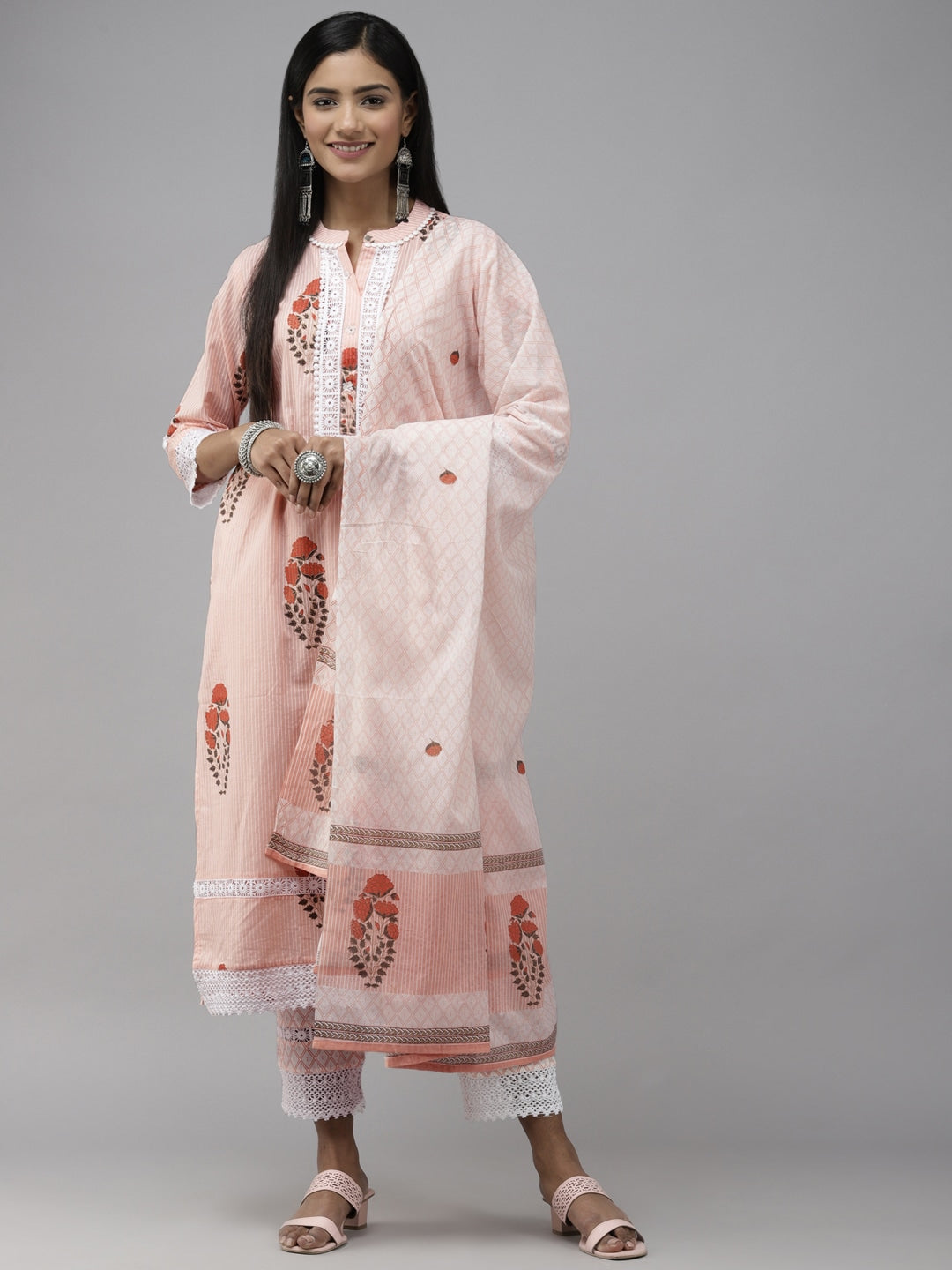 Peach Floral Printed Dupatta Set-Yufta Store-3104SKDPCM