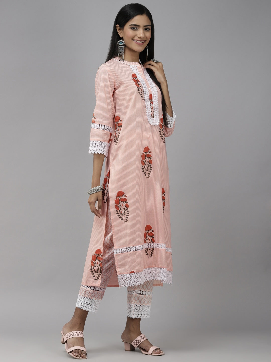 Peach Floral Printed Dupatta Set-Yufta Store-3104SKDPCM