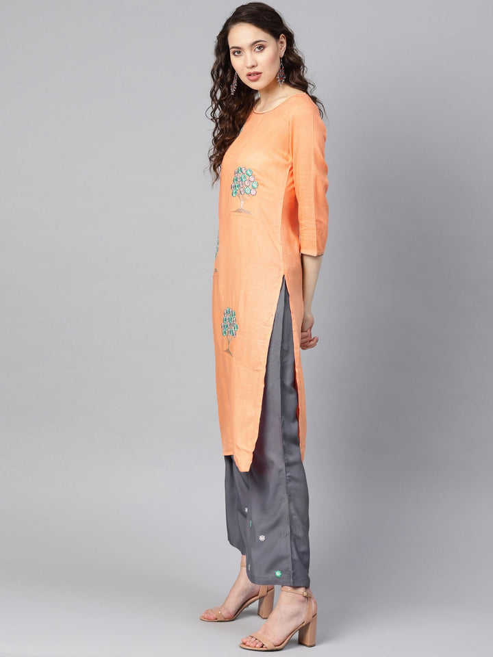 Peach & Grey Embroidered Dupatta Set-Yufta Store-YUFEKSET674LORS