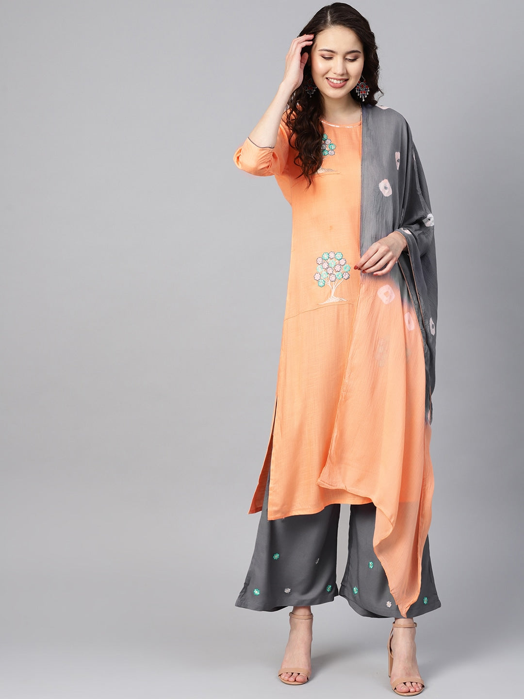 Peach & Grey Embroidered Dupatta Set-Yufta Store-YUFEKSET674LORS