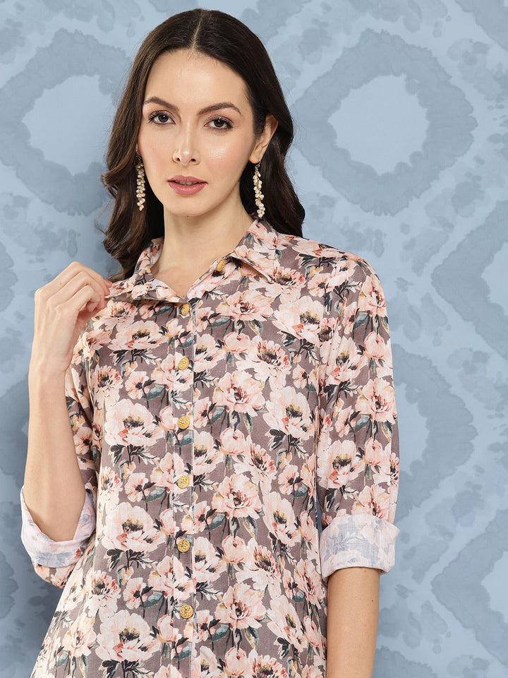 Peach Grey Women Floral Opaque Printed Casual Shirt-Yufta Store-1416TOPGYS