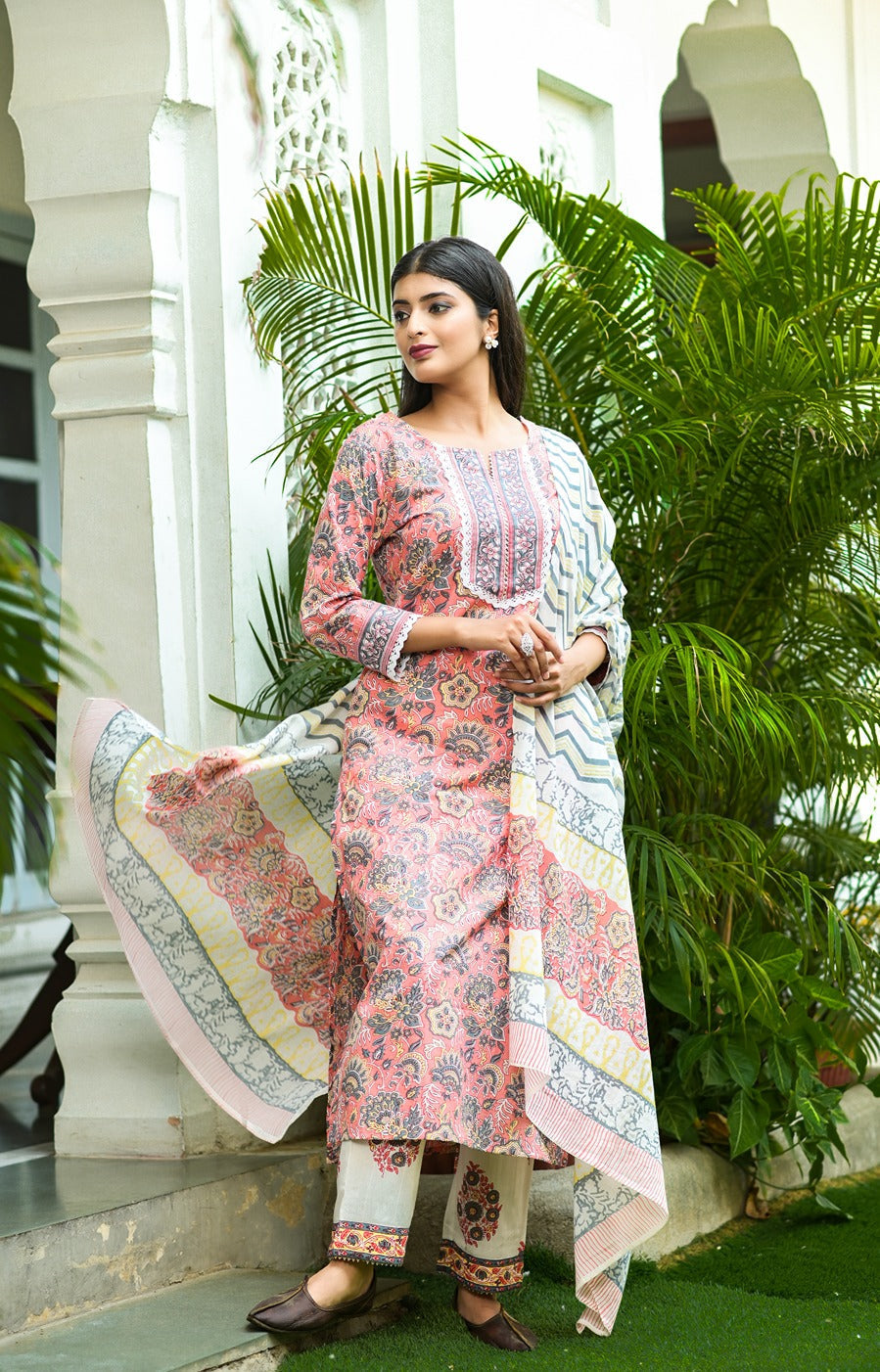 Peach Handblock Printed Dupatta Set-Yufta Store-3902SKDPCS