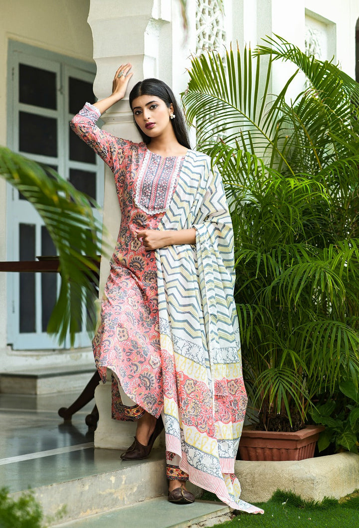 Peach Handblock Printed Dupatta Set