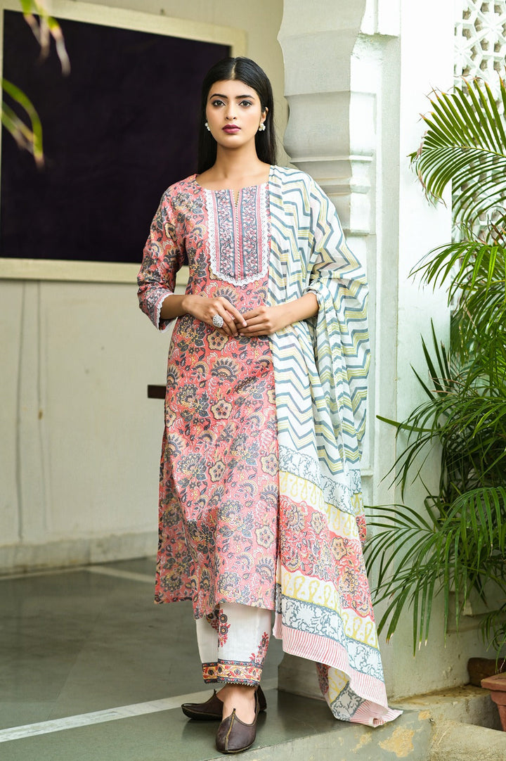 Peach Handblock Printed Dupatta Set