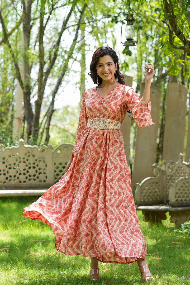 Peach & Off White Printed Dress-Yufta Store-9700DRSPCS