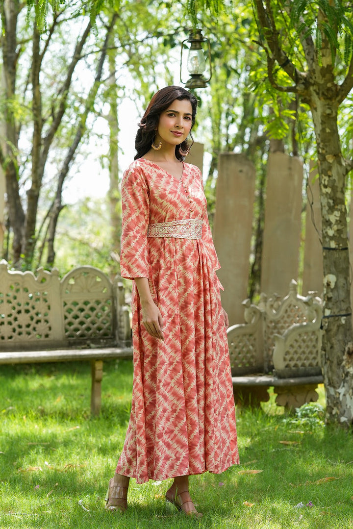 Peach & Off White Printed Dress-Yufta Store-9700DRSPCS