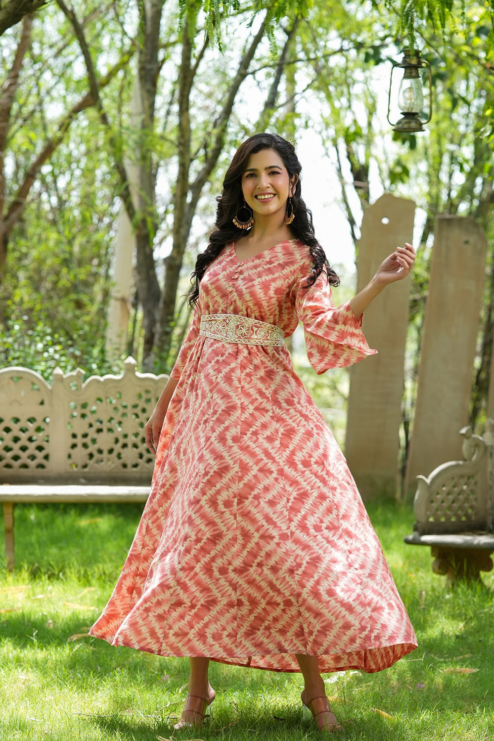 Peach & Off White Printed Dress-Yufta Store-9700DRSPCS