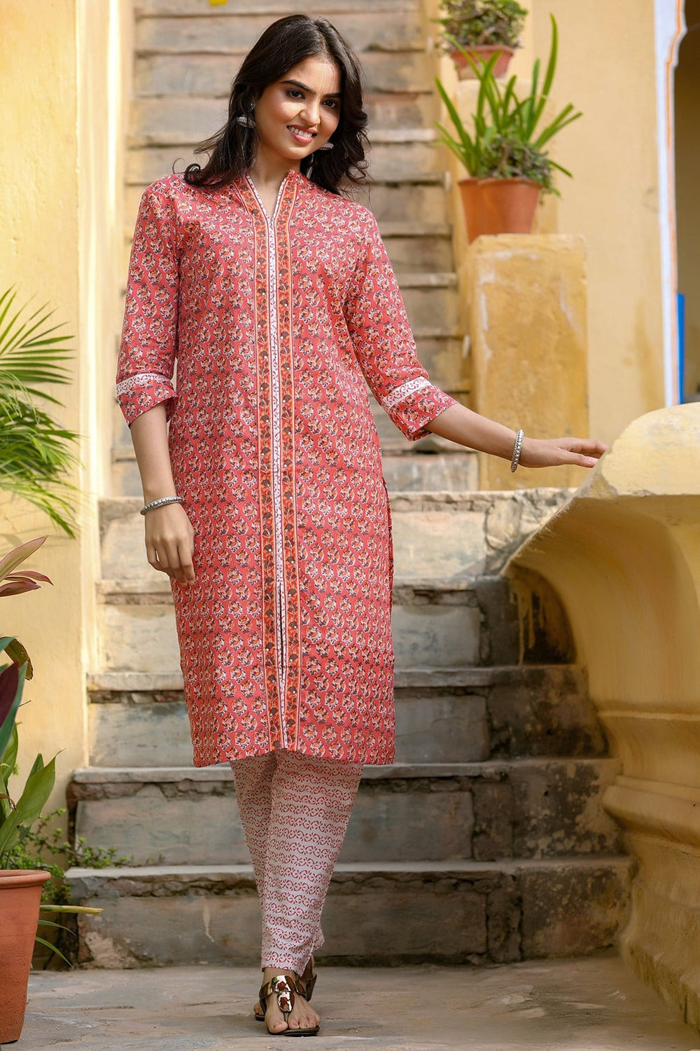 Peach & Offwhite Kurta Set-Yufta Store-4301SETPCM