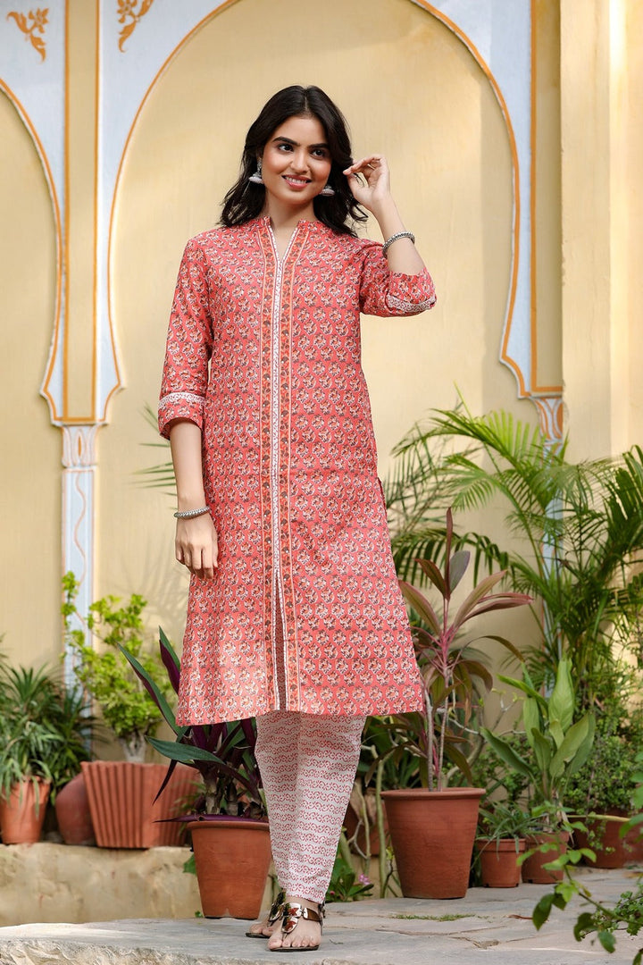 Peach & Offwhite Kurta Set-Yufta Store-4301SETPCM