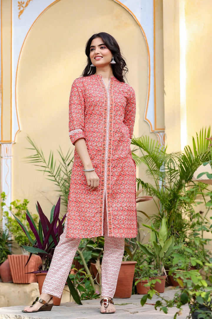 Peach & Offwhite Kurta Set-Yufta Store-4301SETPCM