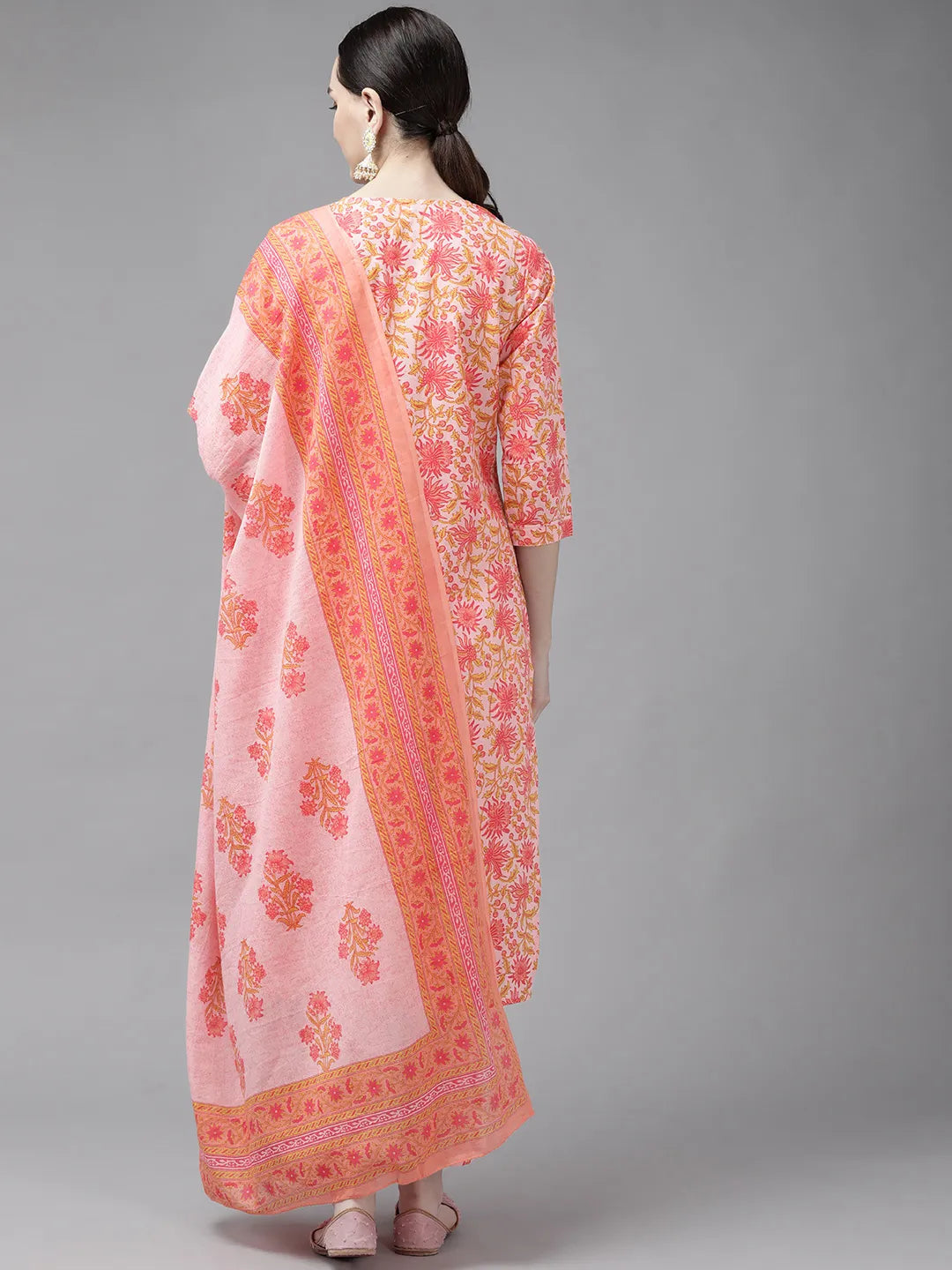 Peach Printed Cotton Dupatta Set-Yufta Store-4741SKDPCM