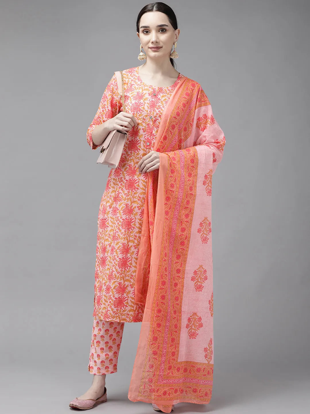 Peach Printed Cotton Dupatta Set-Yufta Store-4741SKDPCM