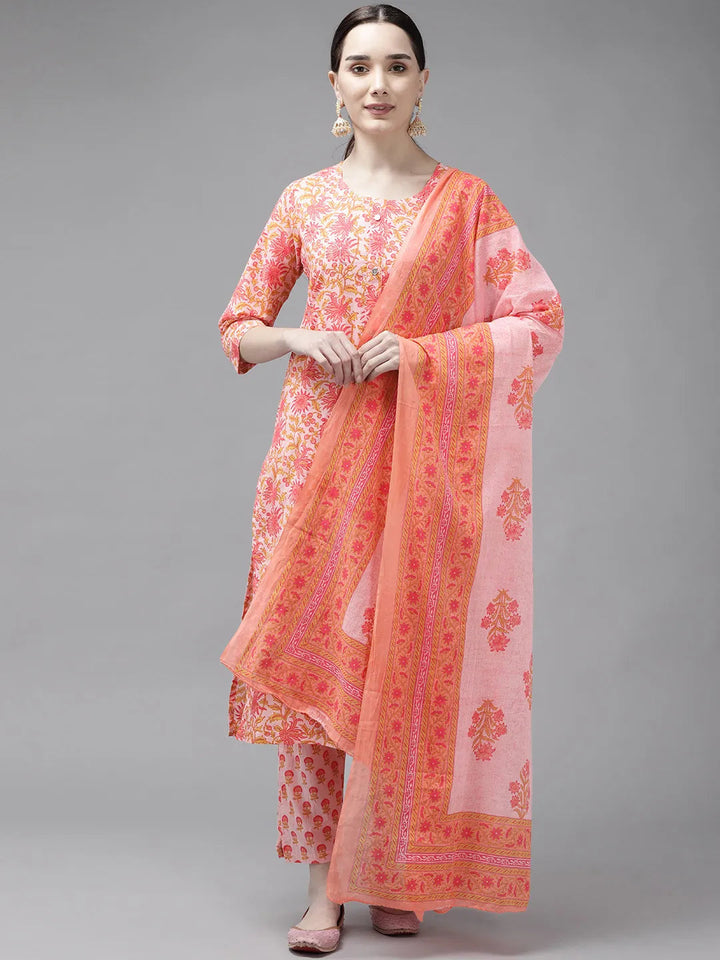 Peach Printed Cotton Dupatta Set-Yufta Store-4741SKDPCM