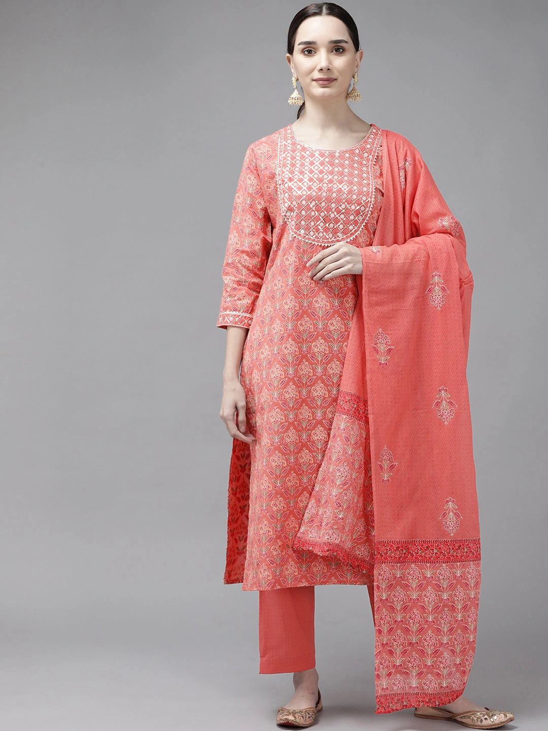 Peach Printed Cotton Dupatta set-Yufta Store-2511SKDPCM