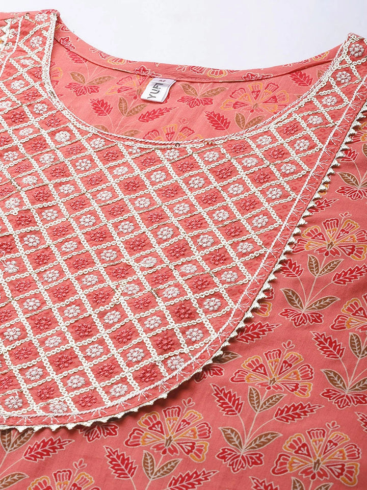 Peach Printed Cotton Dupatta set-Yufta Store-2511SKDPCM