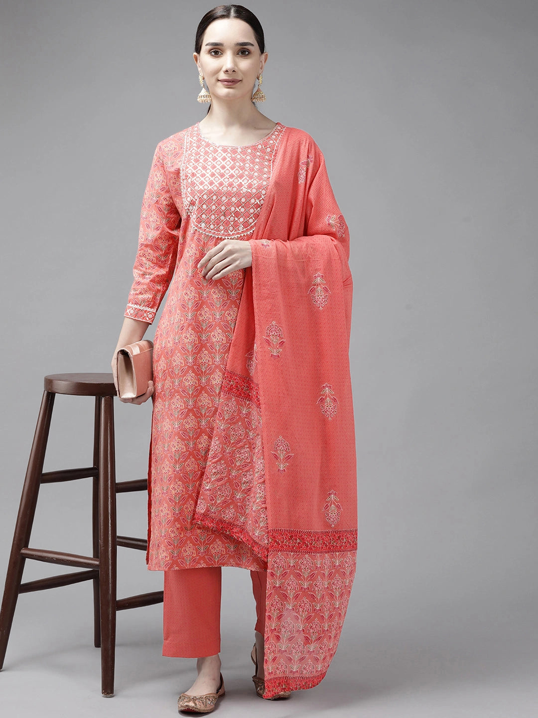 Peach Printed Cotton Dupatta set-Yufta Store-2511SKDPCM