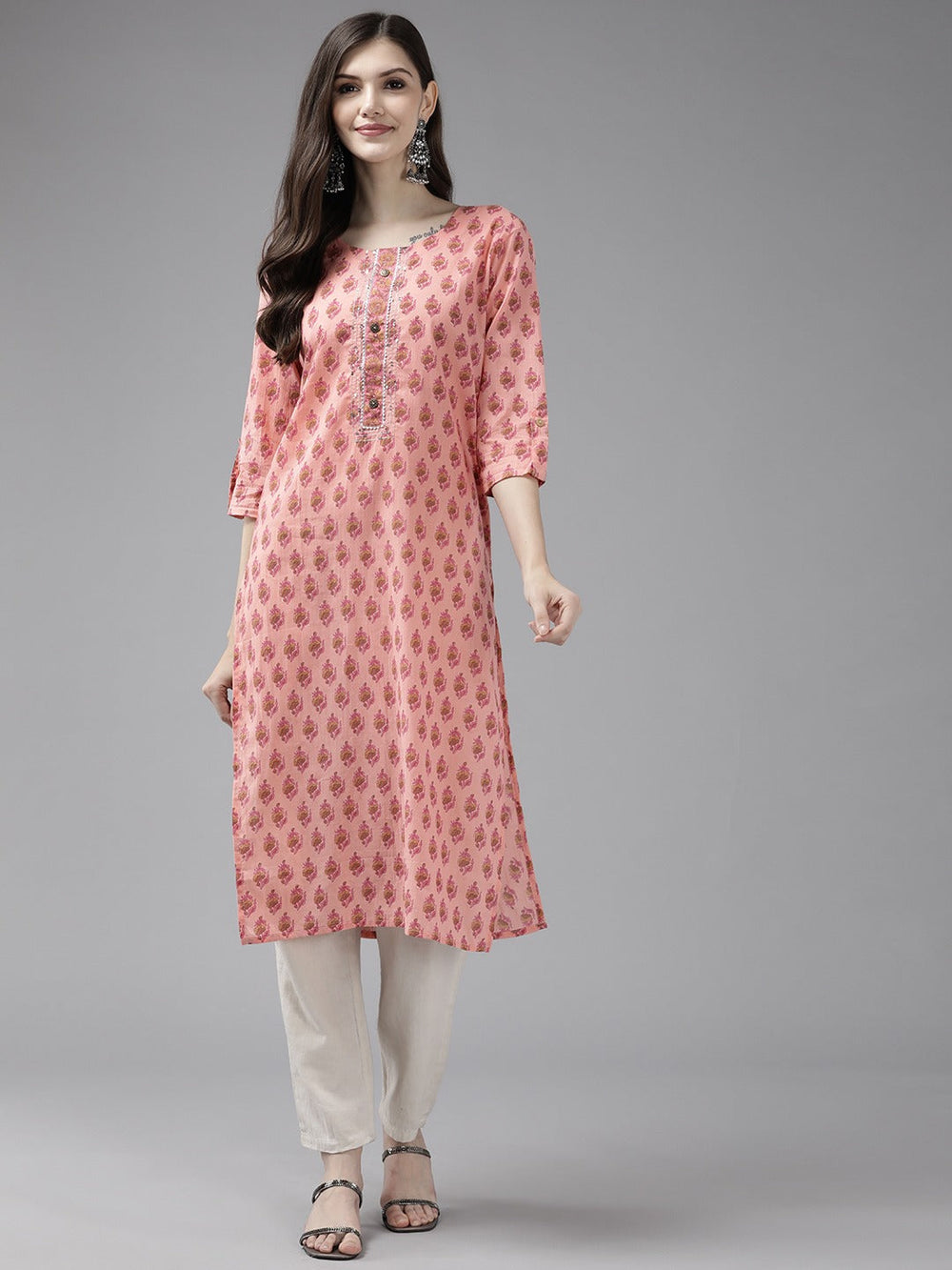 Peach Printed Cotton Kurta-Yufta Store-4729KURPCM