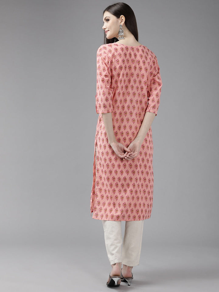 Peach Printed Cotton Kurta-Yufta Store-4729KURPCM