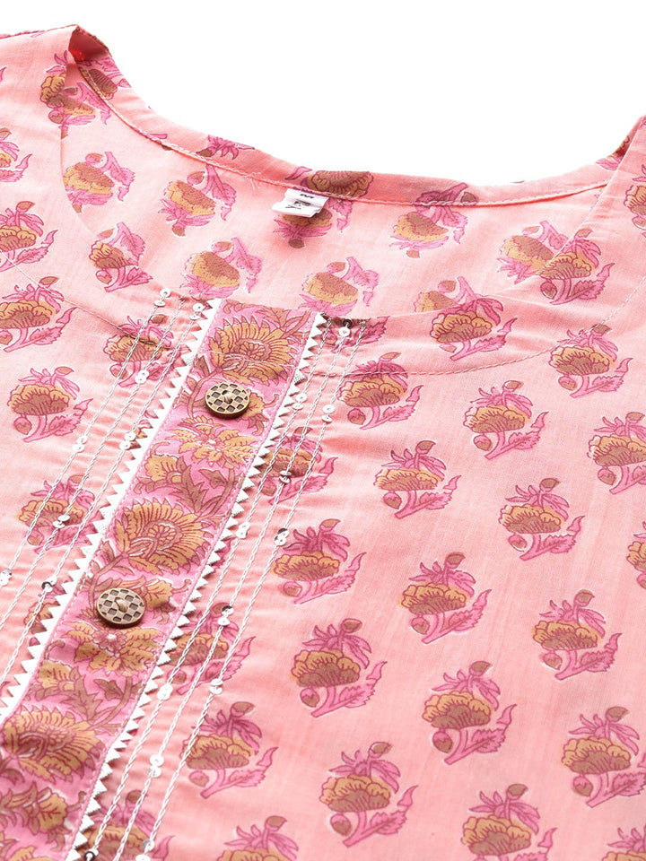 Peach Printed Cotton Kurta-Yufta Store-4729KURPCM