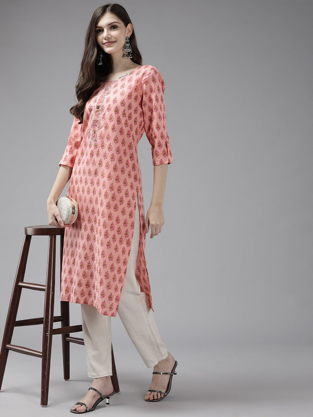 Peach Printed Cotton Kurta-Yufta Store-4729KURPCM